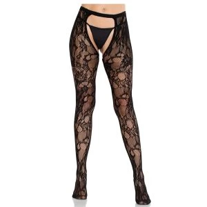 Leg Avenue Rose Lace Stockings with Open Back and Open Crotch Black