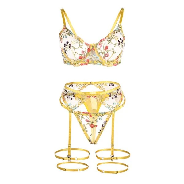 Subblime Dessous-Set BH, String en Kousenriem met Bloemenmotief in Geel Subblime Dessous-Set BH, String en Kousenriem met Bloemenmotief in Geel