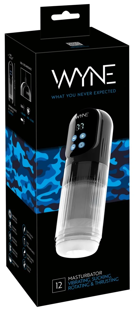 WYNE Masturbator 12 met vibratie, zuigfunctie, rotatie en stroking, zwart