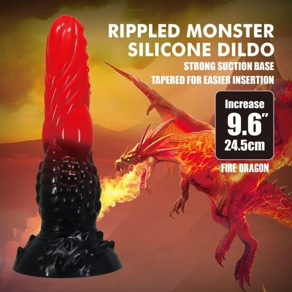 Power Monsters Siliconen Fantasydildo VuurDraak met Zuignap 24,5 cm rood-zwart