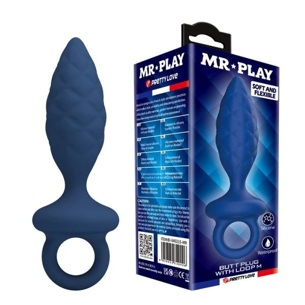 Mr Play Gestructureerde Anaalplug met Ring van Siliconen Blauw M