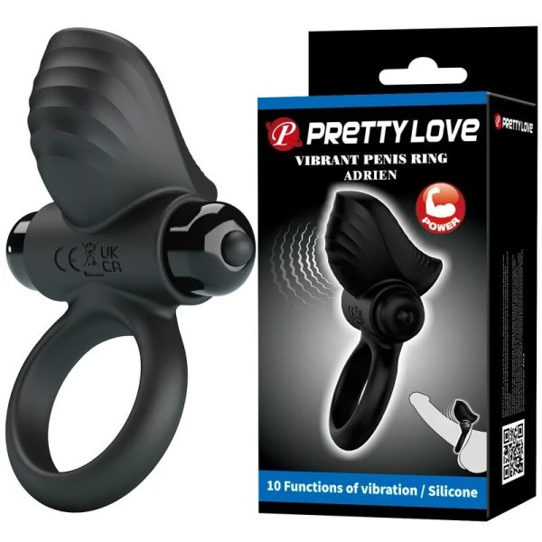 Pretty Love Adrien vibrerende penisring met 10 functies, siliconen, zwart