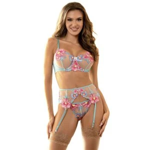 Subblime Dessous-set met BH, slipje en jarretelgordel in blauw