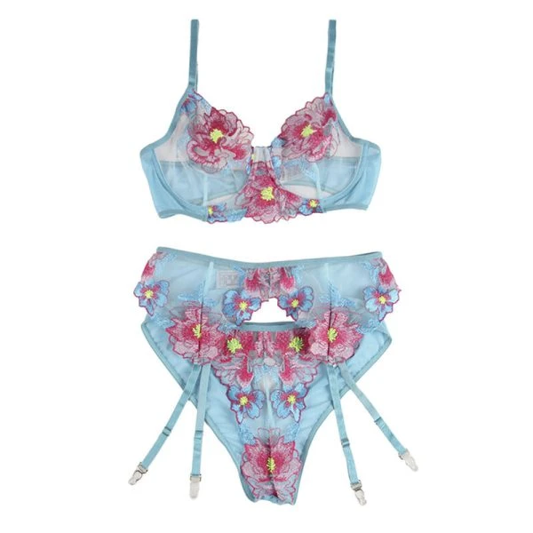 Subblime Dessous-set met BH, slipje en jarretelgordel in blauw