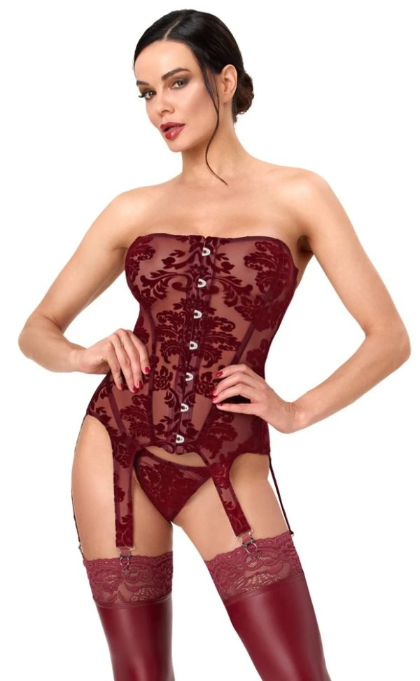 Noir Corsage-Strap Slip Burgundy with Velvet Flock Print