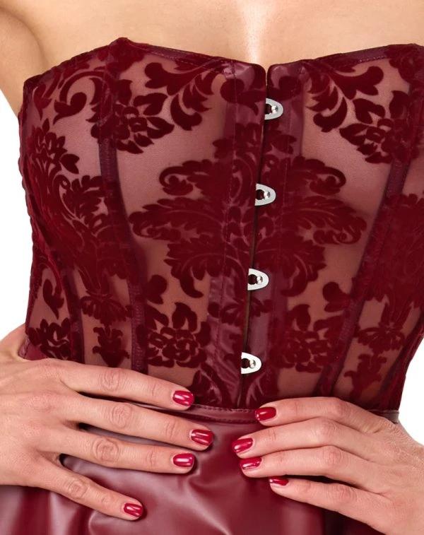 Noir Korsagen-Minikleid mit Powerwetlook in Burgunderrot