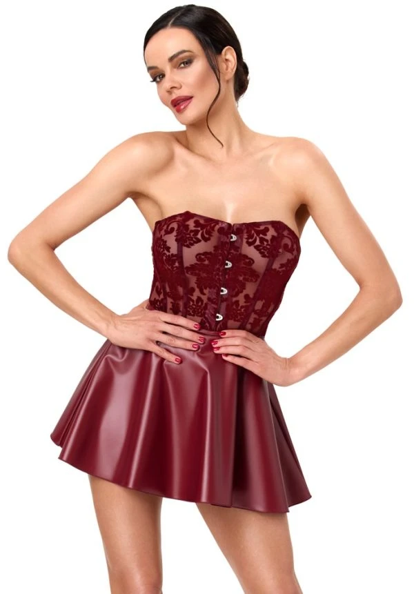 Noir Korsagen-Minikleid mit Powerwetlook in Burgunderrot