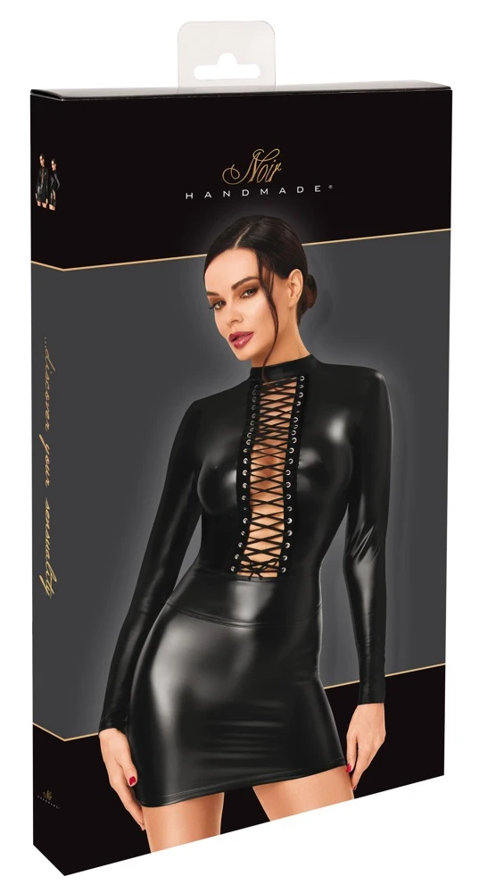 Noir mini dress with lacing in black power wet look