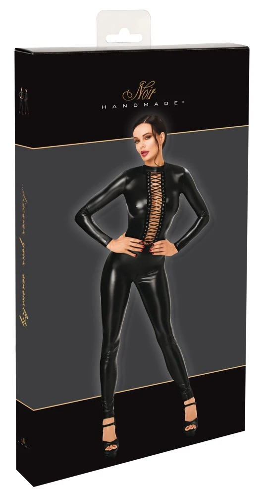 Noir Bodysuit with Lacing and 3-Way Zipper, Power Wet Look
