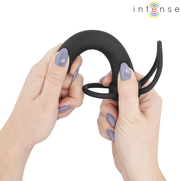 Intense Analdildo mit Penis- und Hodenring aus Silikon, schwarz