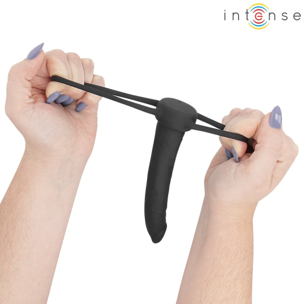 Intense Analdildo mit Penis- und Hodenring aus Silikon, schwarz